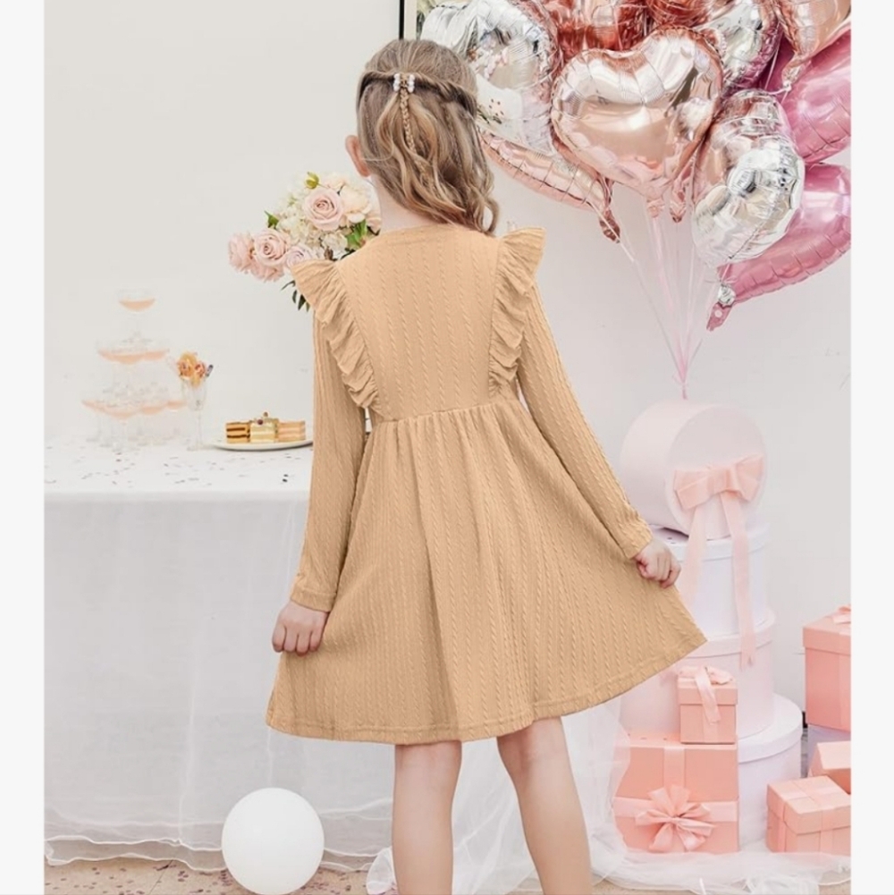 Girls Beige Ruffle Cable-Knit Dress with Bow - Picture 3 of 3